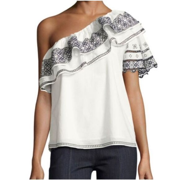 NWT Parker NY Mary One Shoulder Embroidered Navy and White Top Medium - Picture 1 of 4